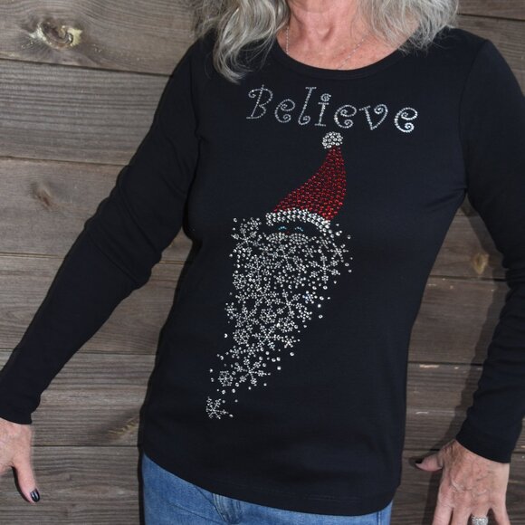 Christmas Believe rhinestone bling long sleeved shirt XS S M L XL XXL 1X 2X … - Picture 3 of 9